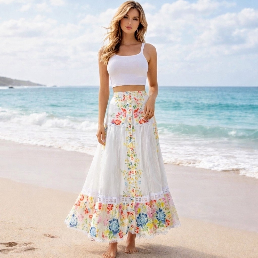 Charo Ruiz White Floral Garden Multi Colored Maxi/Midi Skirt, Cotton, NWT size M - Picture 2 of 15